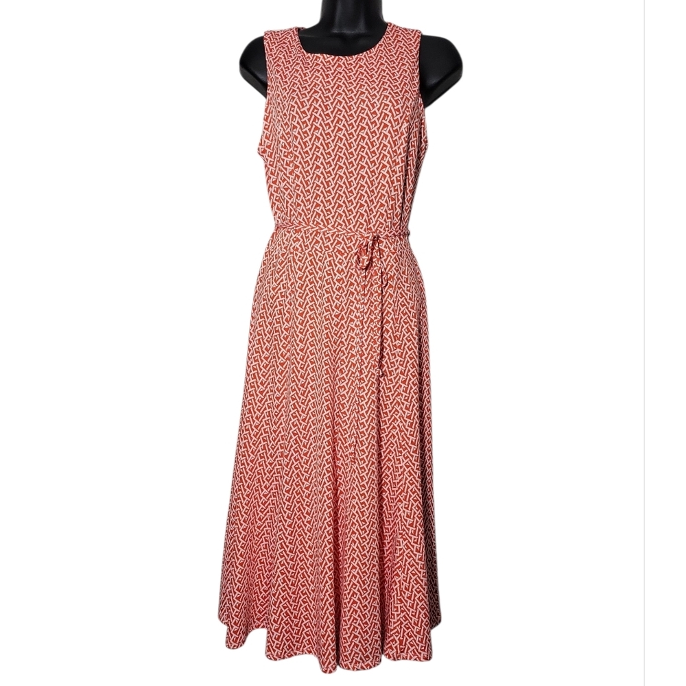 Superfoxx Geometric Print Sleeveless Fit & Flare Midi Dress Orange White XS